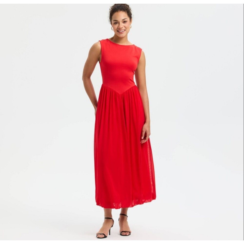 Women's A New Day Sleeveless Bubble Hem Midi Dress Red Large